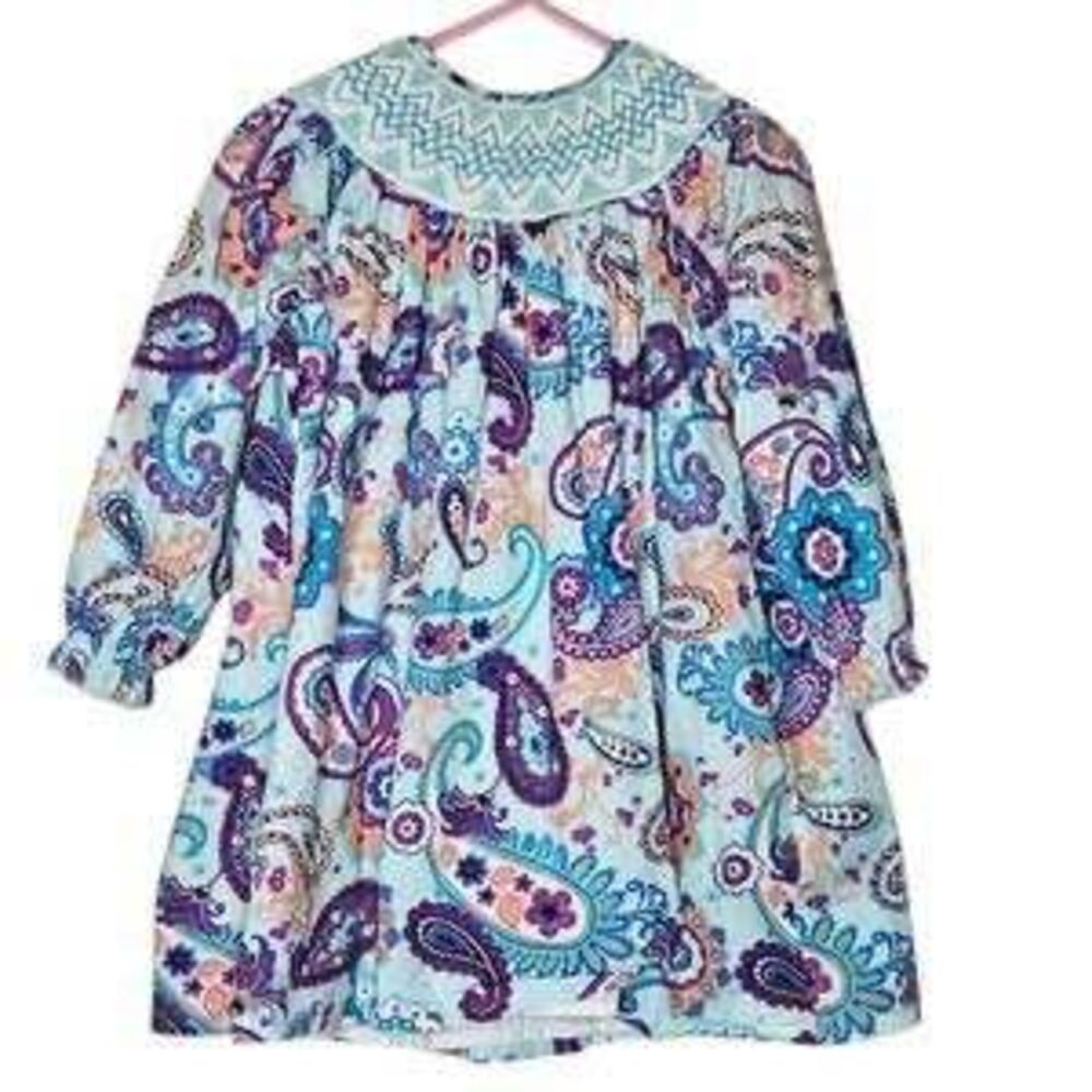 MARMELLATA Girls Long Sleeve Smocked Heirloom Blue Paisley Dress-Sz 2T
